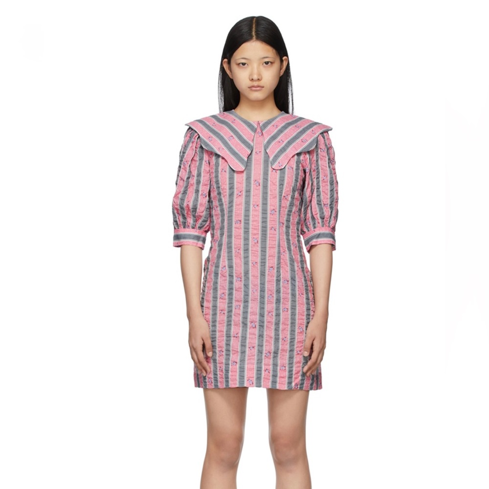 GANNI Pink and Grey Collared Dress